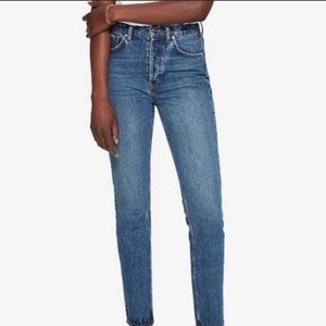 ANINE BING Sonya High Rise Straight Leg Raw Hem Rigid Denim Jeans Button Fly 26